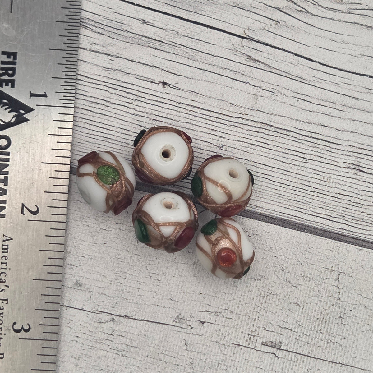 Lampwork glass beads - red white and green