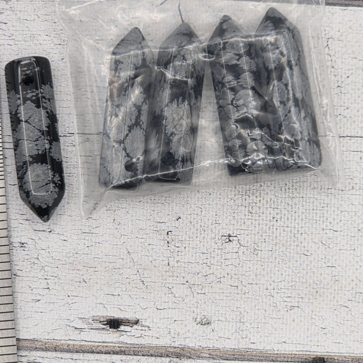 8x30mm crystal drilled point hexagonal column - Snowflake Obsidian - lot of 5
