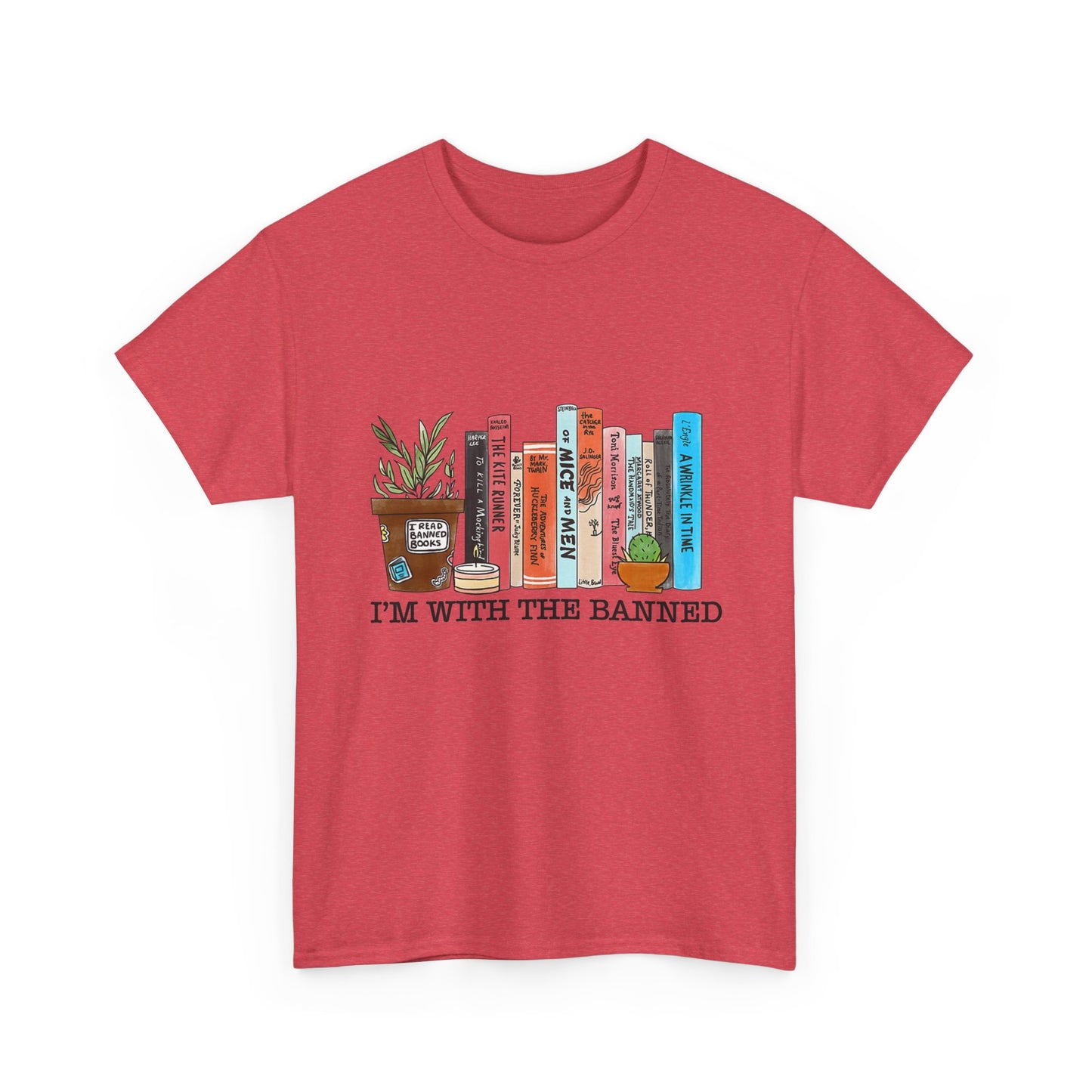 Book Lover T-Shirt — “I’m With the Banned” Illustrated Bookshelf Tee
