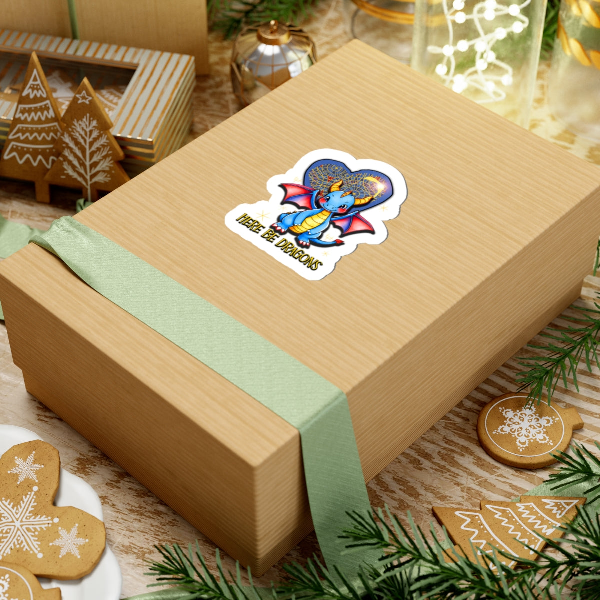 Cute Blue Dragon Kiss-Cut Sticker — "Here Be Dragons" Laptop Decal