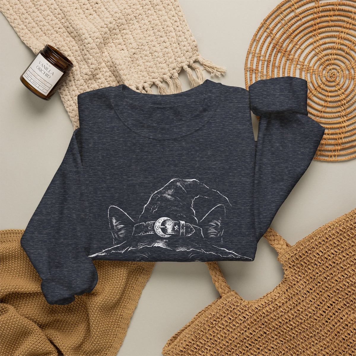 Witch Cat Crewneck Sweatshirt – Black Cat in Witch Hat Graphic
