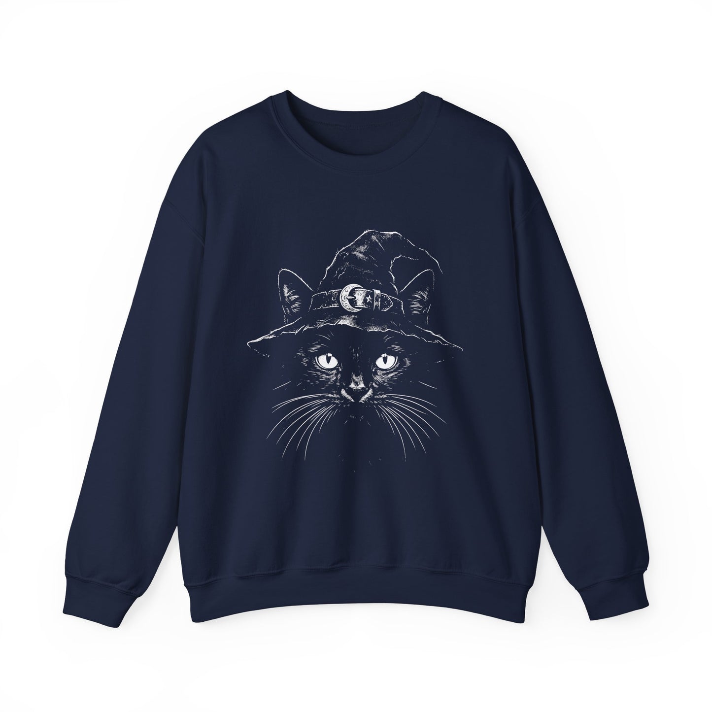 Witch Cat Crewneck Sweatshirt – Black Cat in Witch Hat Graphic