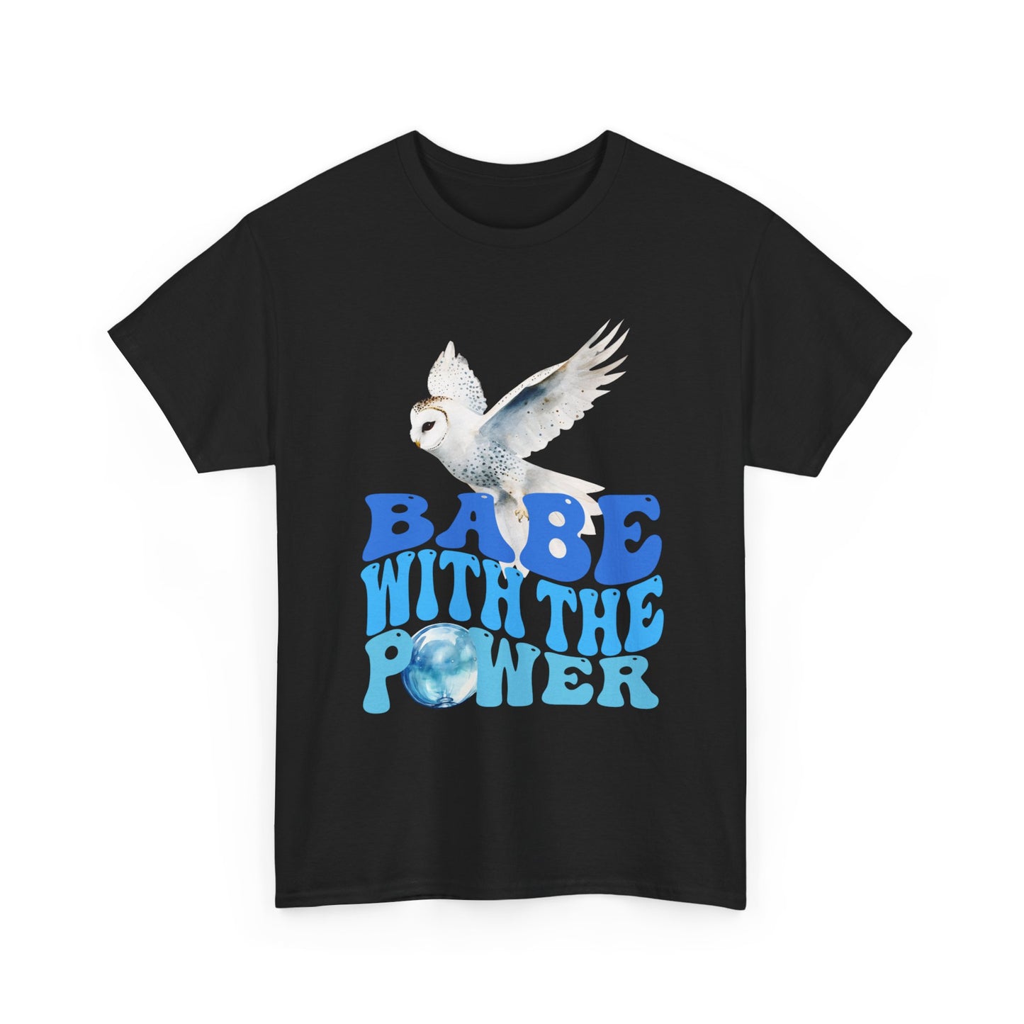 Babe With the Power Graphic Tee — Retro Blue Psychedelic Owl Design