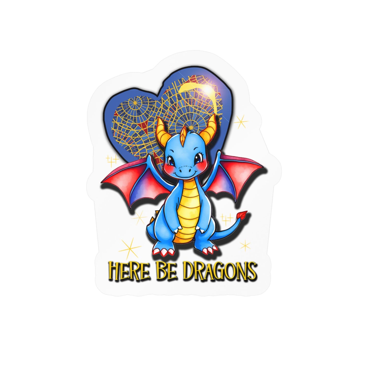 Here Be Dragons Kiss-Cut Vinyl Sticker — Cute Blue Dragon Decal for Laptops, Water Bottles & Windows