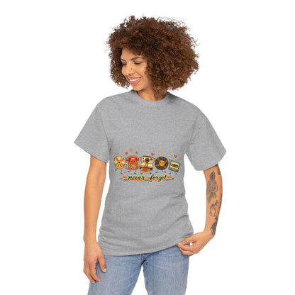 Retro Music Tee — "Never Forget" Vinyl, Cassette & CD Throwback Shirt