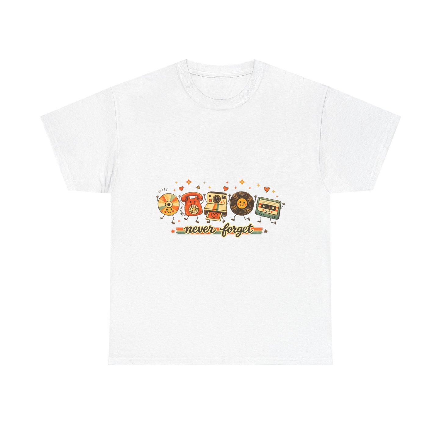 Retro Music Tee — "Never Forget" Vinyl, Cassette & CD Throwback Shirt