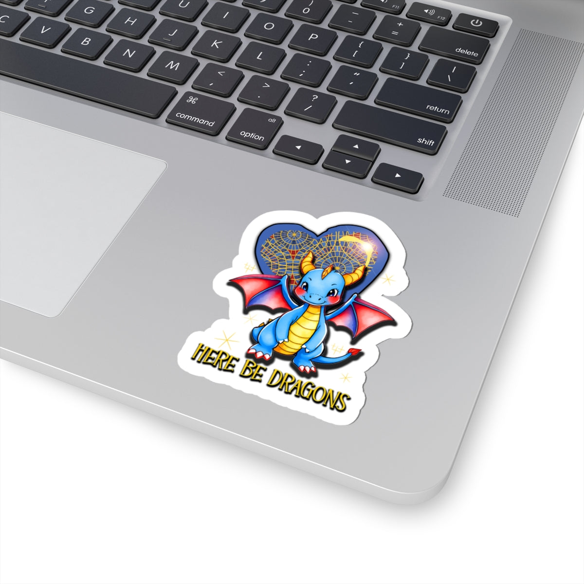 Cute Blue Dragon Kiss-Cut Sticker — "Here Be Dragons" Laptop Decal