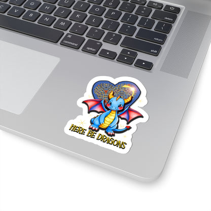 Cute Blue Dragon Kiss-Cut Sticker — "Here Be Dragons" Laptop Decal