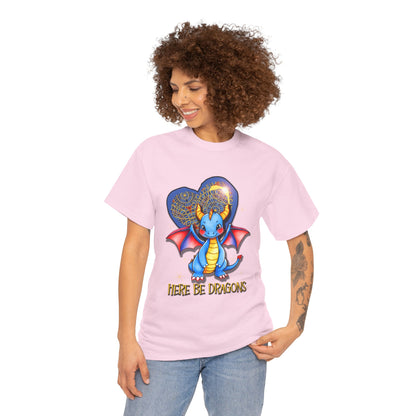 Dragon Heart T‑Shirt — Cute Blue Dragon 'Here Be Dragons' Tee