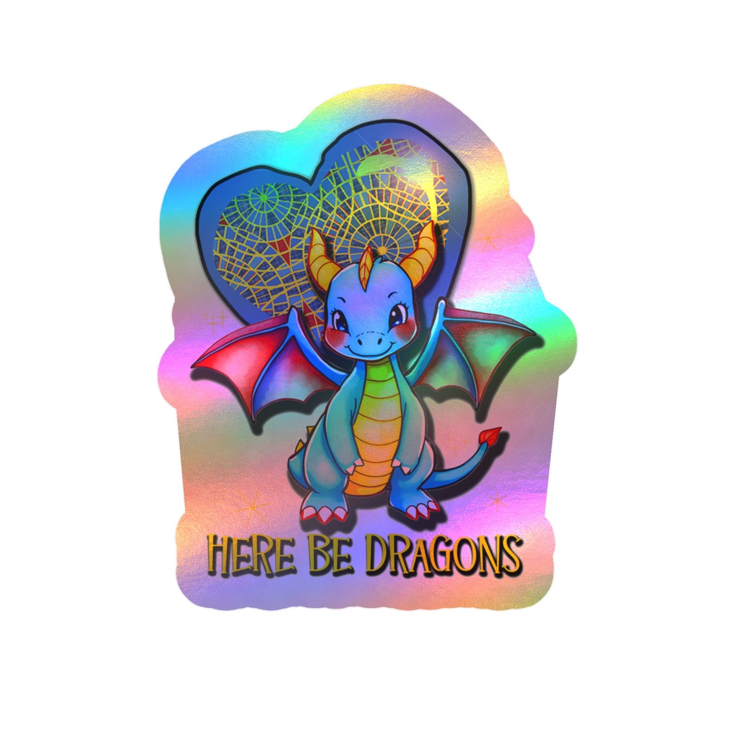 Here Be Dragons Kiss-Cut Vinyl Sticker — Cute Blue Dragon Decal for Laptops, Water Bottles & Windows