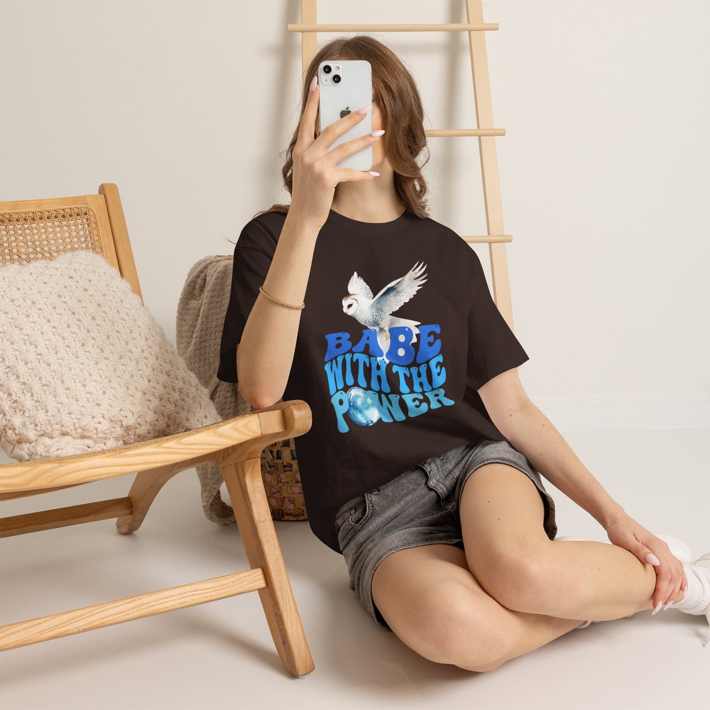 Babe With the Power Graphic Tee — Retro Blue Psychedelic Owl Design