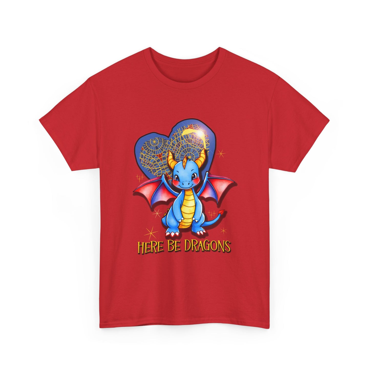 Dragon Heart T‑Shirt — Cute Blue Dragon 'Here Be Dragons' Tee