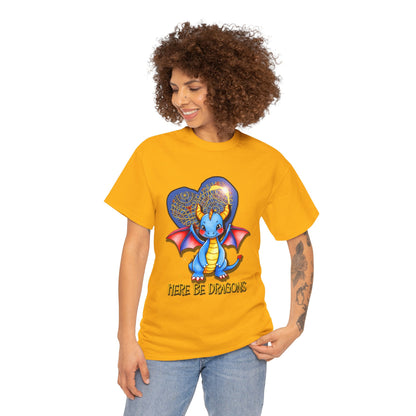 Dragon Heart T‑Shirt — Cute Blue Dragon 'Here Be Dragons' Tee