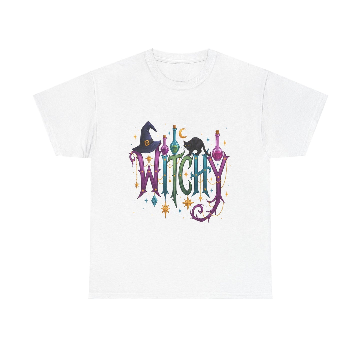 Witchy Graphic Tee — Colorful Witch Hat, Black Cat & Potion Bottles Halloween T-Shirt