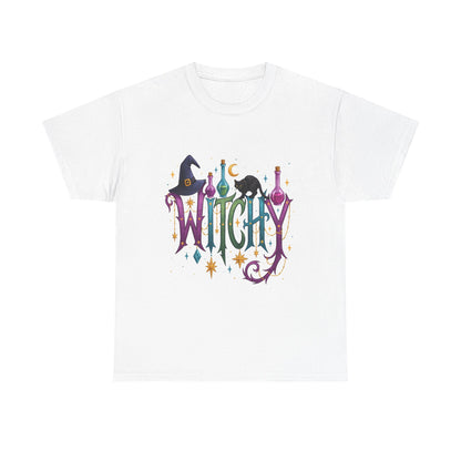 Witchy Graphic Tee — Colorful Witch Hat, Black Cat & Potion Bottles Halloween T-Shirt