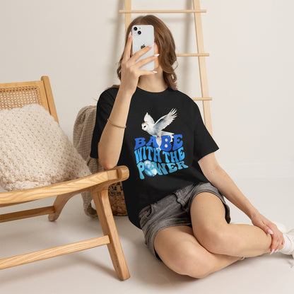 Babe With the Power Graphic Tee — Retro Blue Psychedelic Owl Design