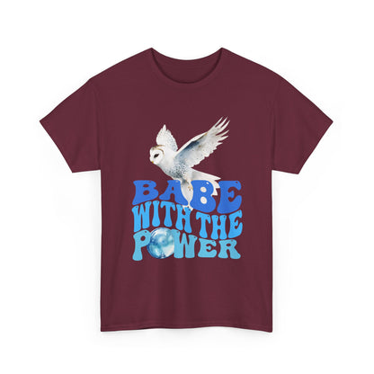 Babe With the Power Graphic Tee — Retro Blue Psychedelic Owl Design