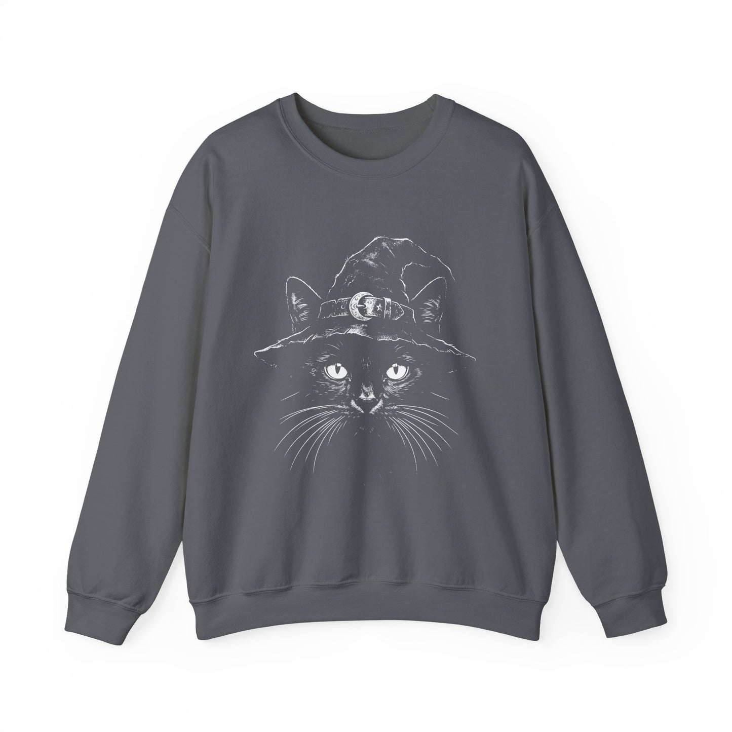 Witch Cat Crewneck Sweatshirt – Black Cat in Witch Hat Graphic