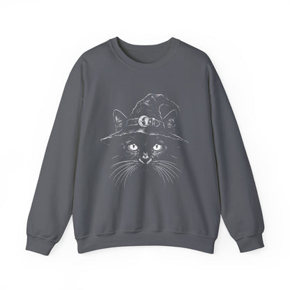 Witch Cat Crewneck Sweatshirt – Black Cat in Witch Hat Graphic