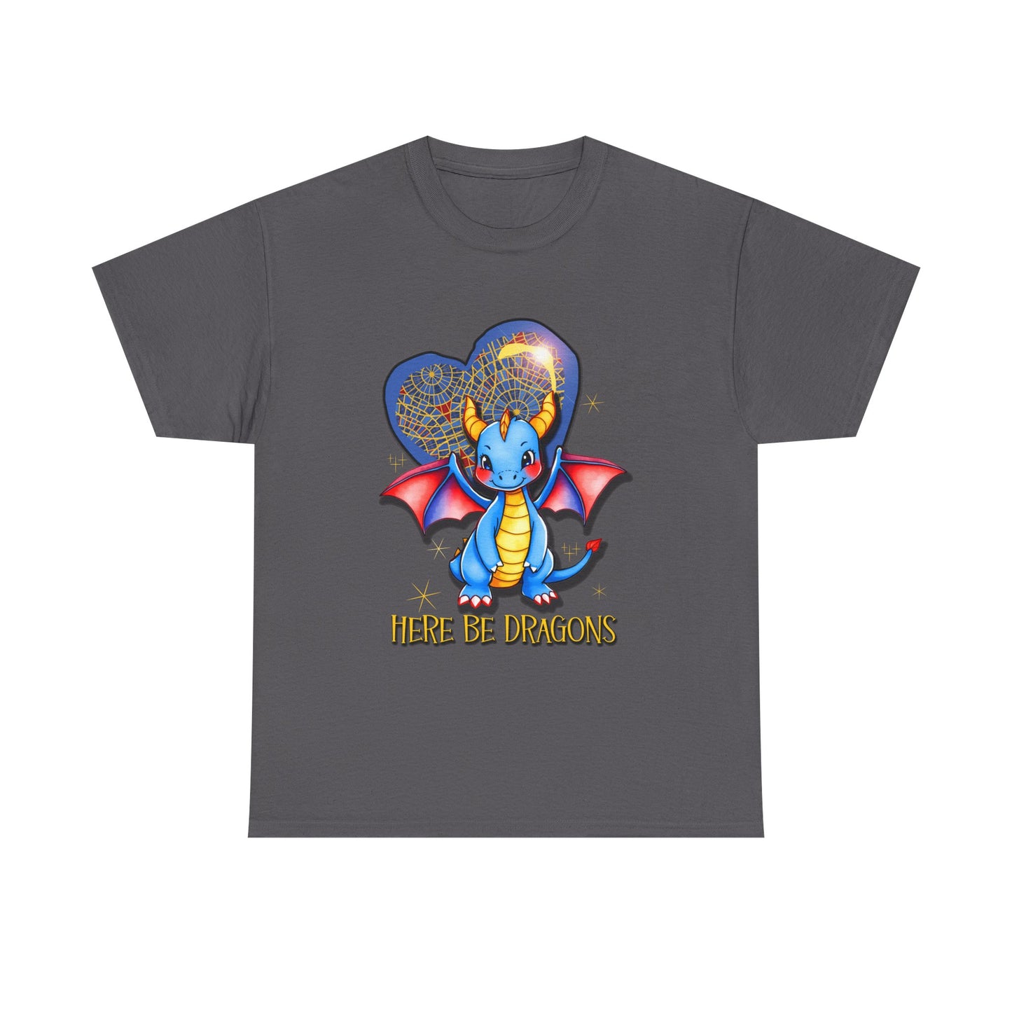 Dragon Heart T‑Shirt — Cute Blue Dragon 'Here Be Dragons' Tee