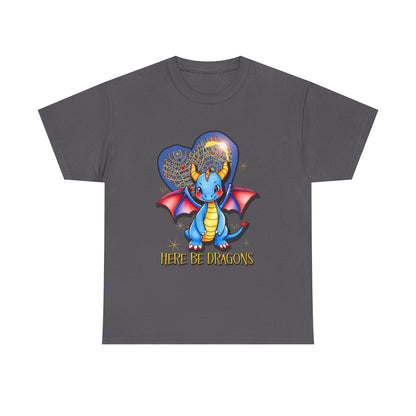Dragon Heart T‑Shirt — Cute Blue Dragon 'Here Be Dragons' Tee