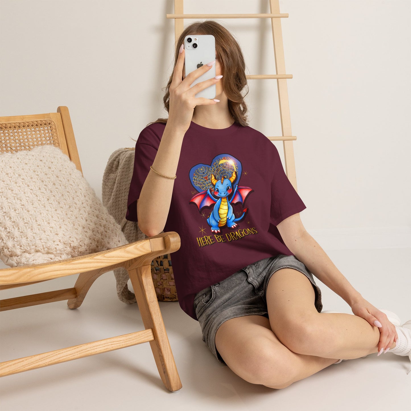 Dragon Heart T‑Shirt — Cute Blue Dragon 'Here Be Dragons' Tee