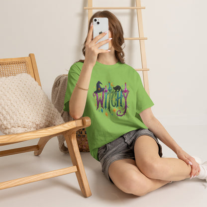 Witchy Graphic Tee — Colorful Witch Hat, Black Cat & Potion Bottles Halloween T-Shirt
