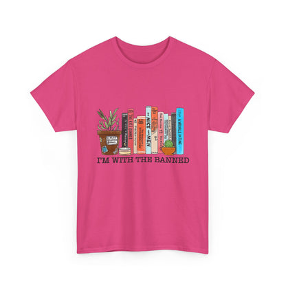 Book Lover T-Shirt — “I’m With the Banned” Illustrated Bookshelf Tee