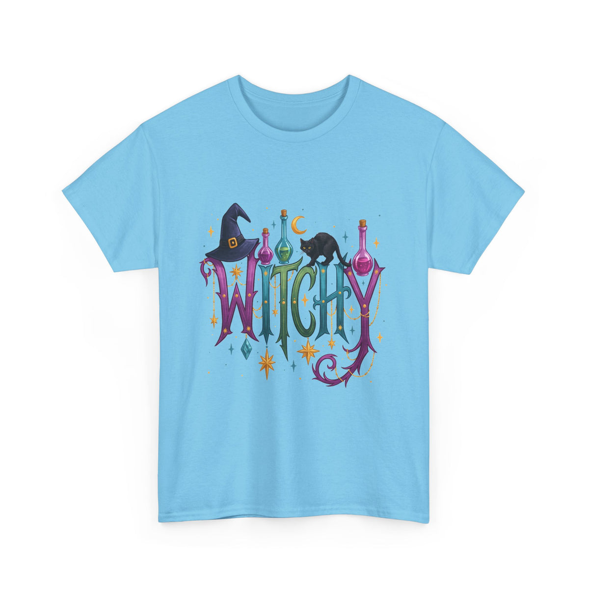 Witchy Graphic Tee — Colorful Witch Hat, Black Cat & Potion Bottles Halloween T-Shirt