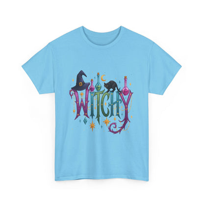 Witchy Graphic Tee — Colorful Witch Hat, Black Cat & Potion Bottles Halloween T-Shirt