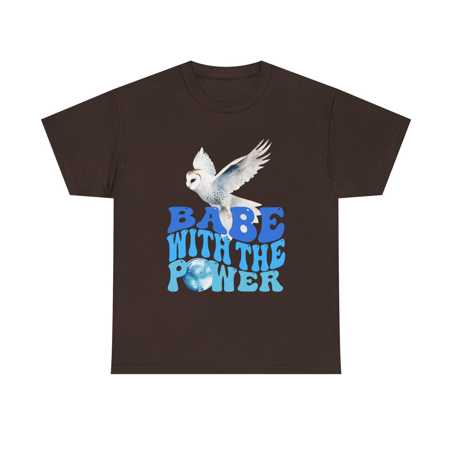 Babe With the Power Graphic Tee — Retro Blue Psychedelic Owl Design