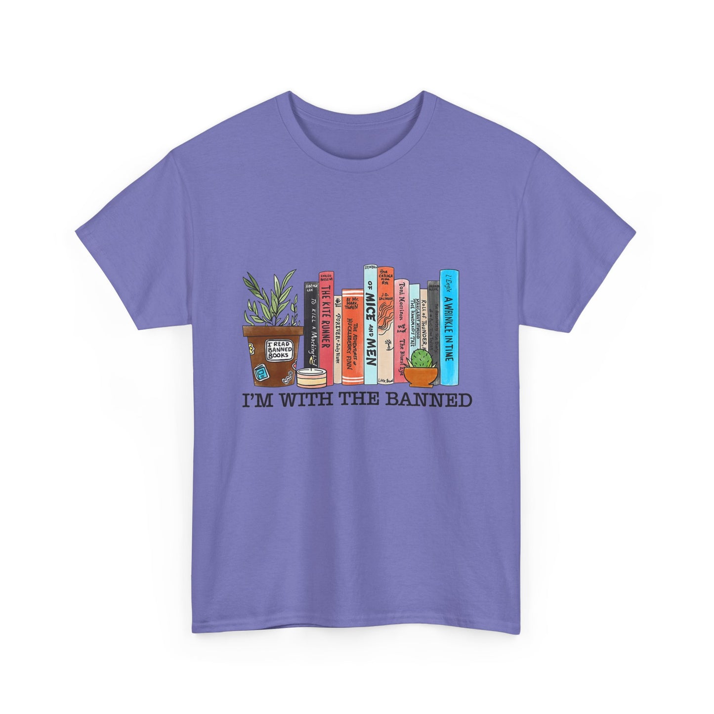 Book Lover T-Shirt — “I’m With the Banned” Illustrated Bookshelf Tee
