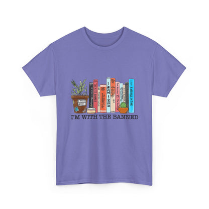 Book Lover T-Shirt — “I’m With the Banned” Illustrated Bookshelf Tee