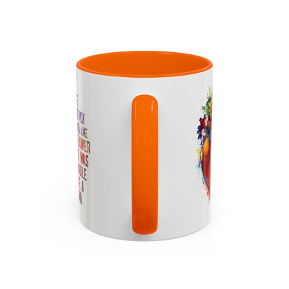 Customizable Accent Coffee Mug — "She Was Not Fragile Like a Flower, She Was Fragile Like a Bomb" Colorful Heart Floral Design (11/15 oz)