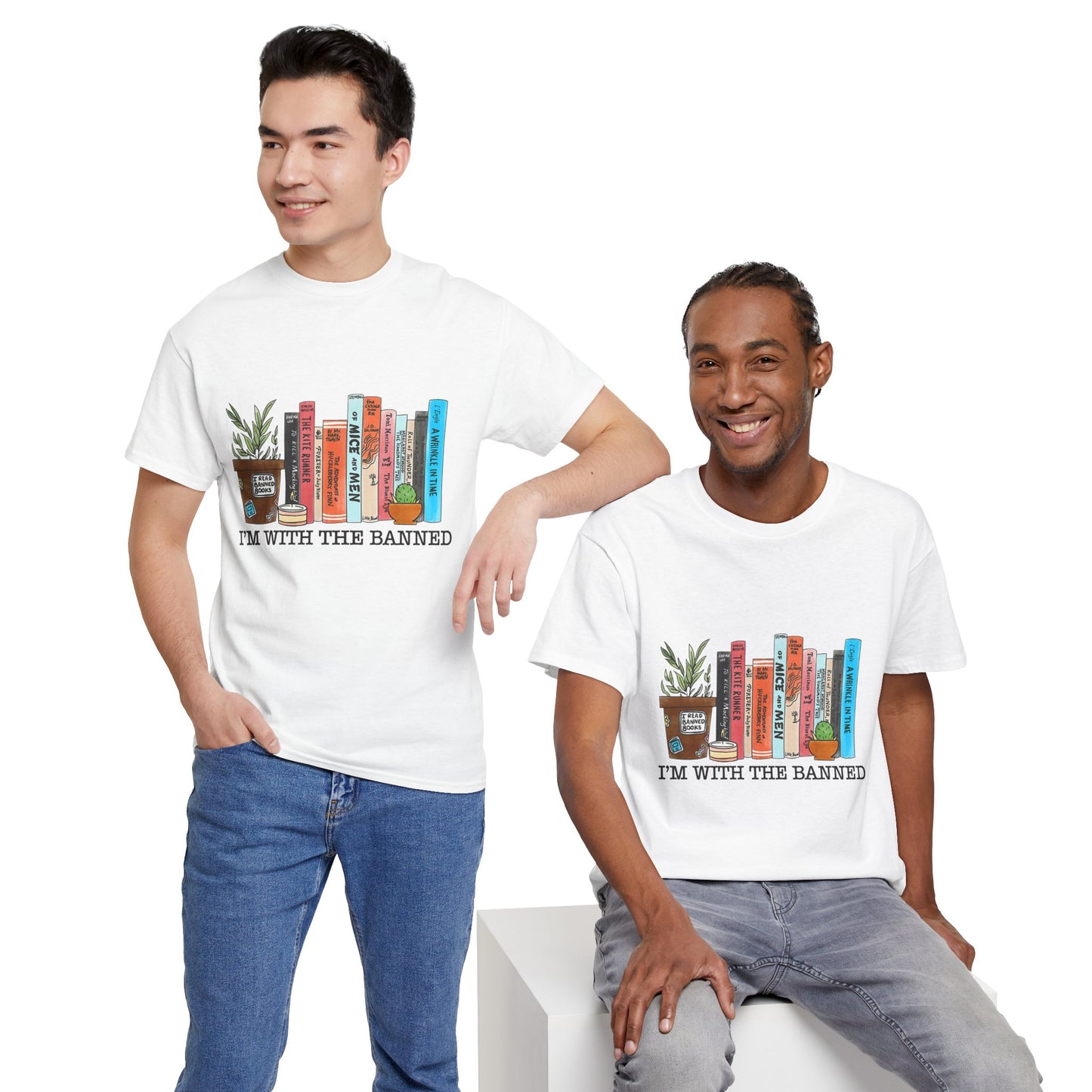 Book Lover T-Shirt — “I’m With the Banned” Illustrated Bookshelf Tee