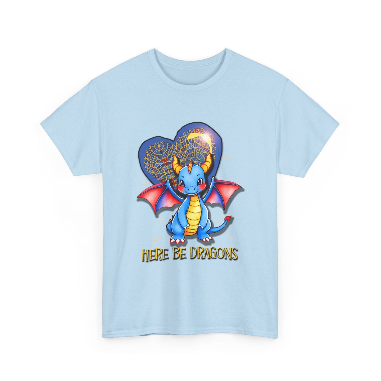 Dragon Heart T‑Shirt — Cute Blue Dragon 'Here Be Dragons' Tee