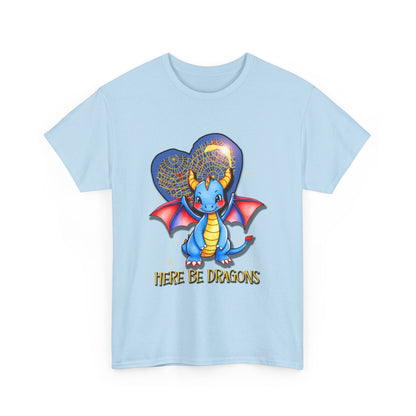 Dragon Heart T‑Shirt — Cute Blue Dragon 'Here Be Dragons' Tee