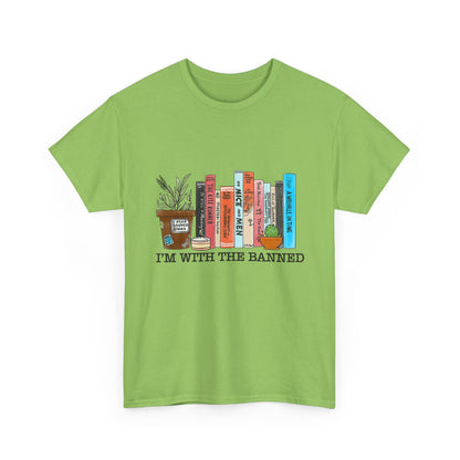 Book Lover T-Shirt — “I’m With the Banned” Illustrated Bookshelf Tee