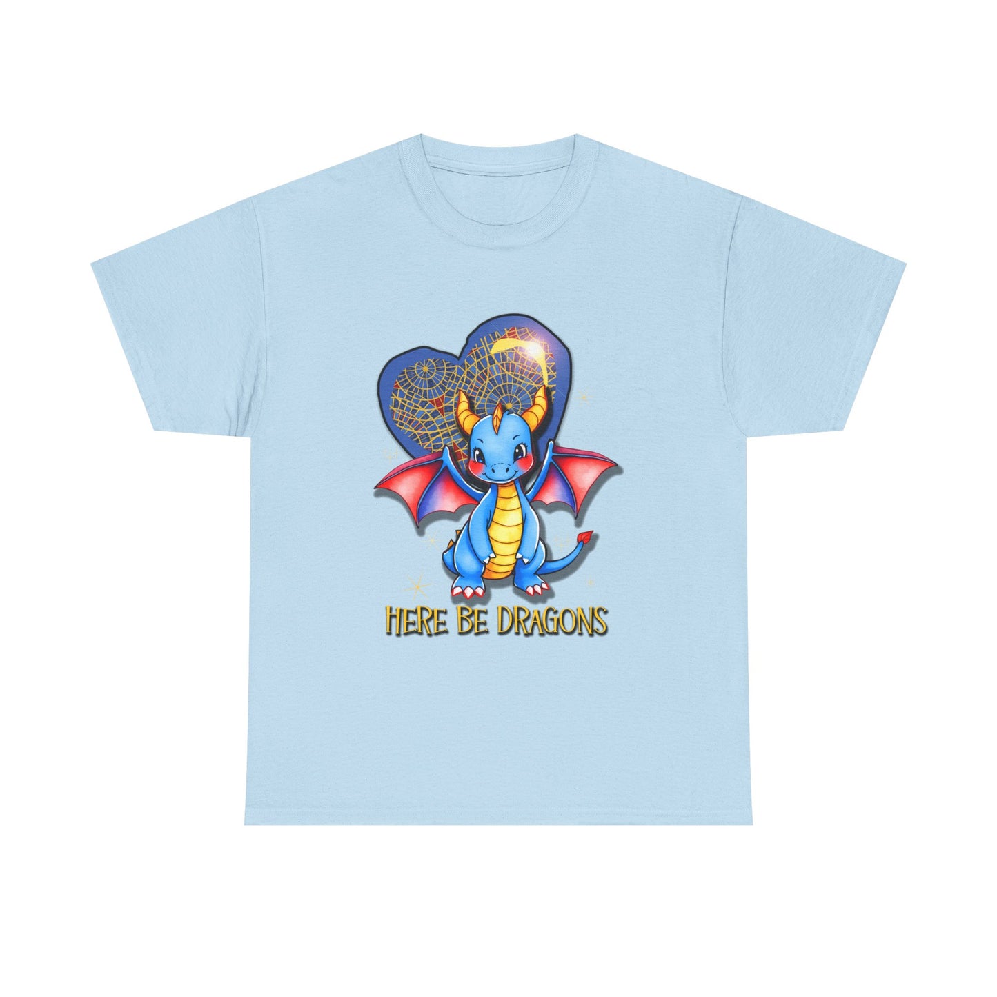 Dragon Heart T‑Shirt — Cute Blue Dragon 'Here Be Dragons' Tee
