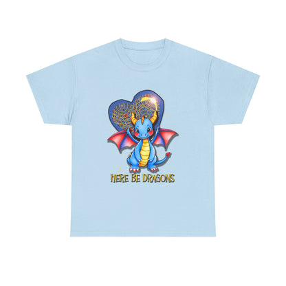 Dragon Heart T‑Shirt — Cute Blue Dragon 'Here Be Dragons' Tee