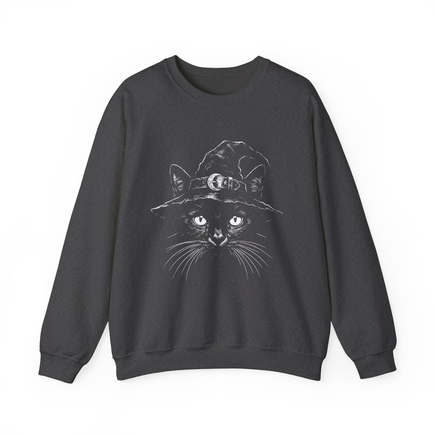 Witch Cat Crewneck Sweatshirt – Black Cat in Witch Hat Graphic