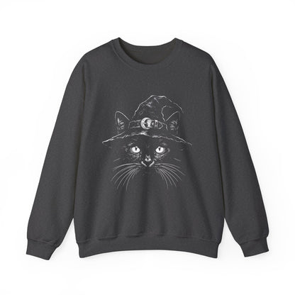 Witch Cat Crewneck Sweatshirt – Black Cat in Witch Hat Graphic