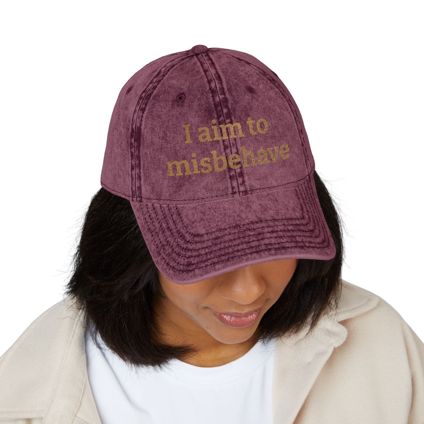 Embroidered Vintage Cap — "I aim to misbehave" Distressed Hat