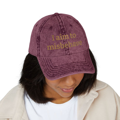 Embroidered Vintage Cap — "I aim to misbehave" Distressed Hat