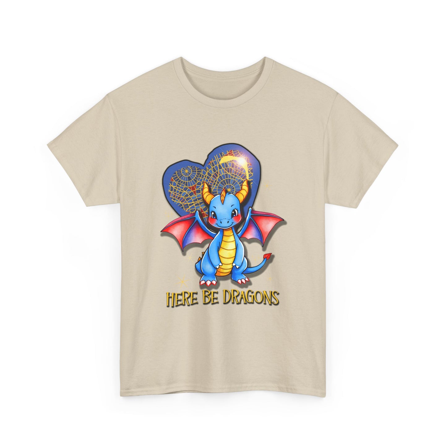 Dragon Heart T‑Shirt — Cute Blue Dragon 'Here Be Dragons' Tee