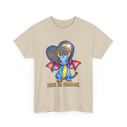 Dragon Heart T‑Shirt — Cute Blue Dragon 'Here Be Dragons' Tee