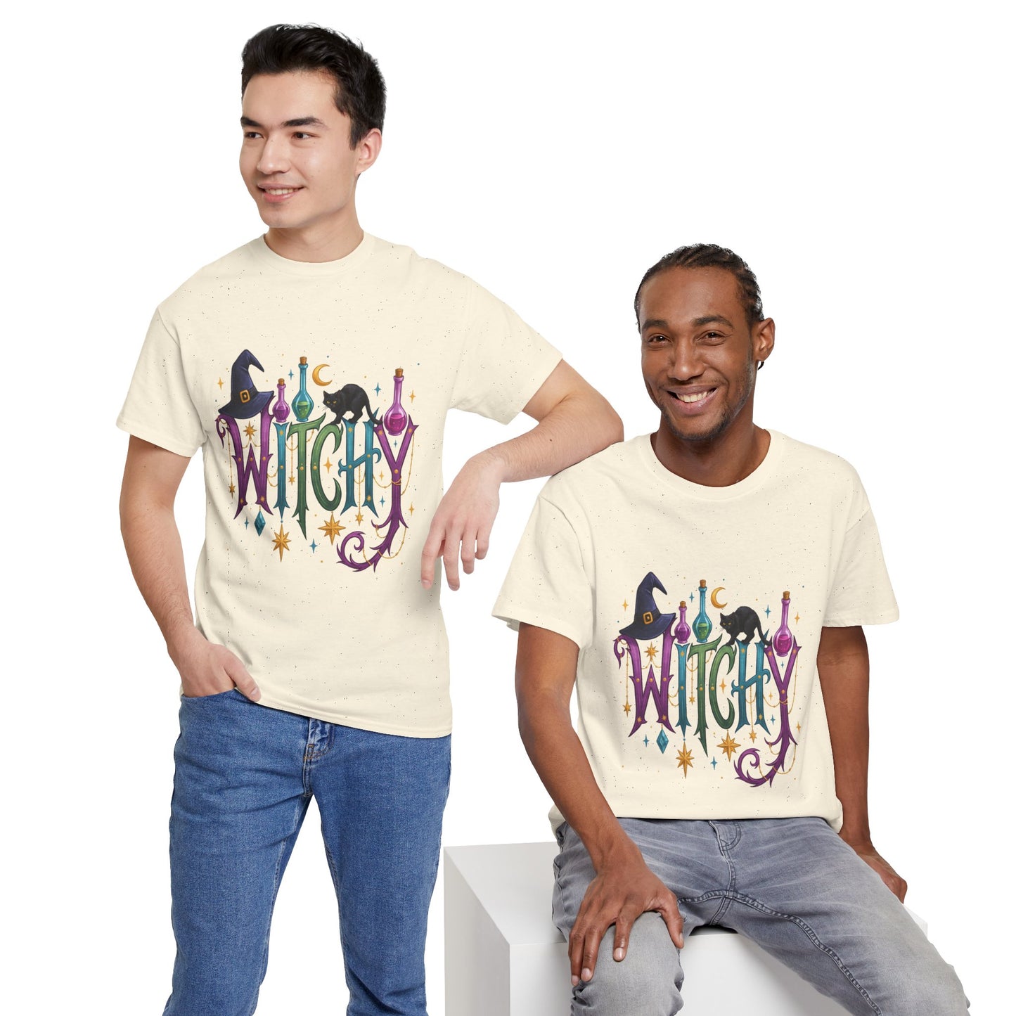 Witchy Graphic Tee — Colorful Witch Hat, Black Cat & Potion Bottles Halloween T-Shirt