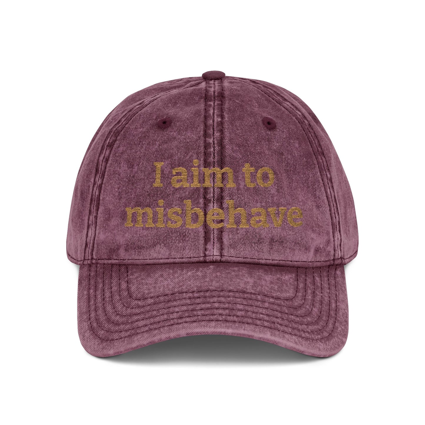 Embroidered Vintage Cap — "I aim to misbehave" Distressed Hat