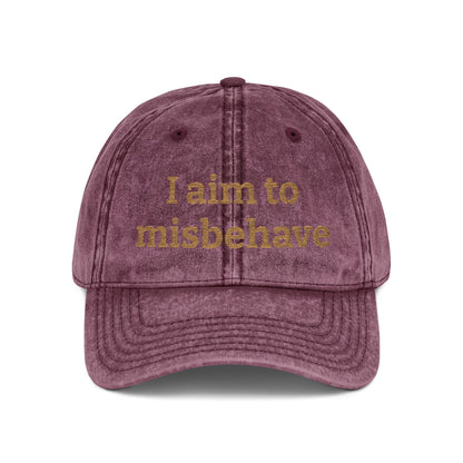 Embroidered Vintage Cap — "I aim to misbehave" Distressed Hat