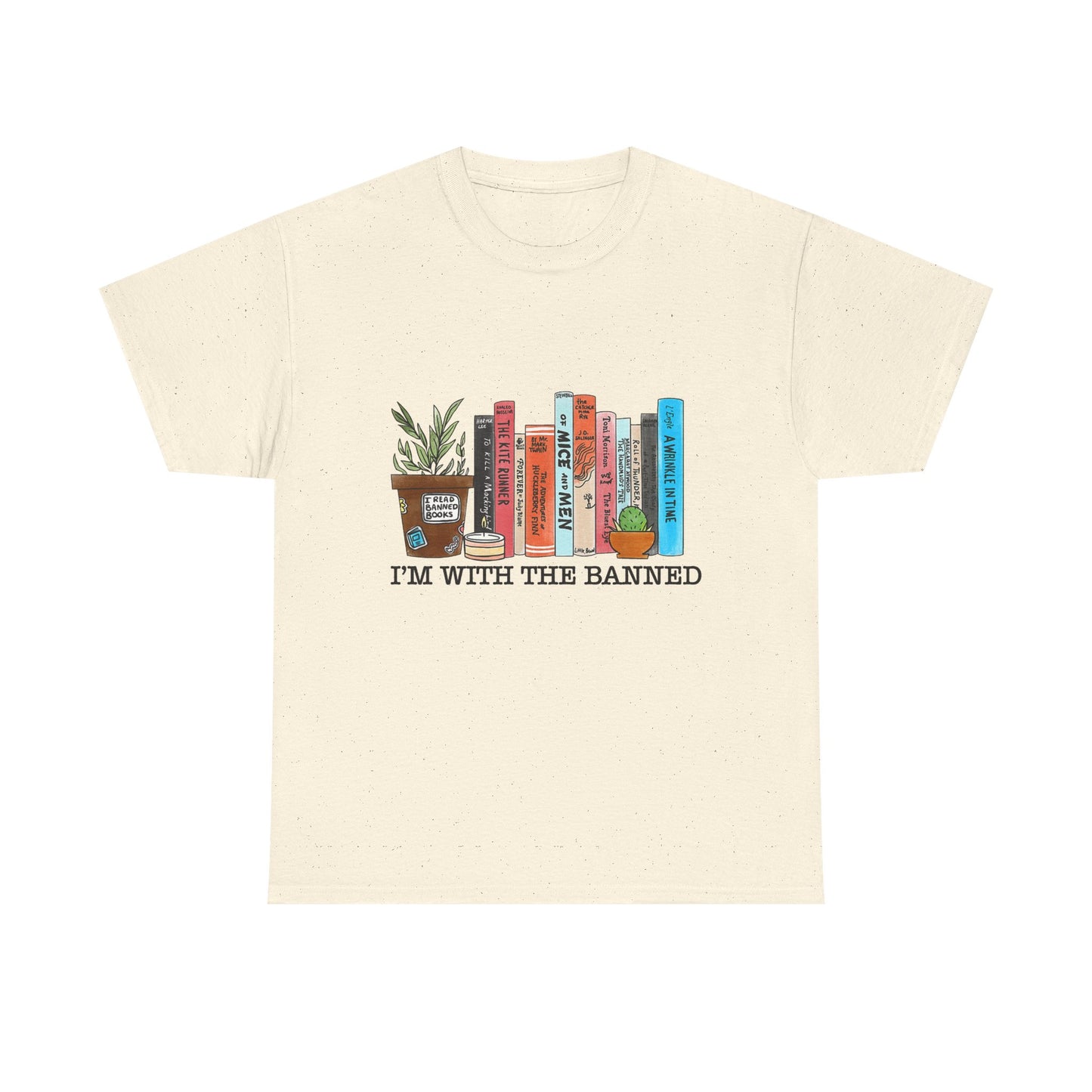 Book Lover T-Shirt — “I’m With the Banned” Illustrated Bookshelf Tee